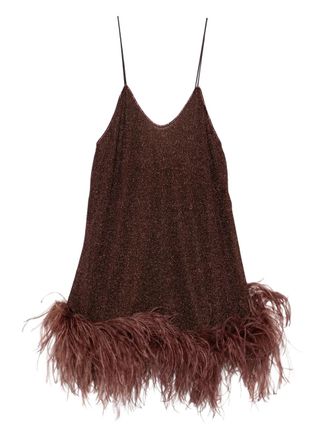 Os&eacute;ree feather-detail V-neck mini dress - Brown