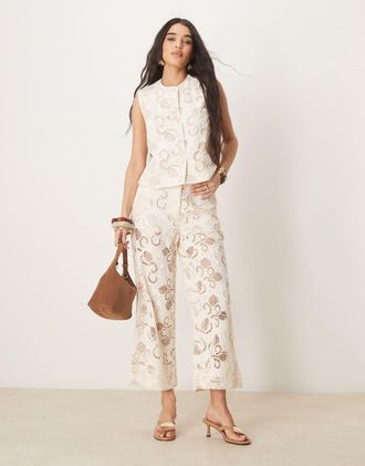Asos premium culottes with floral cutwork in buttermilk - part of a set-Yellow