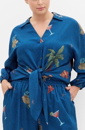 City Chic Tia Oversize Tie Front Top in Navy Sea Bdr at Nordstrom, Size Xxxs