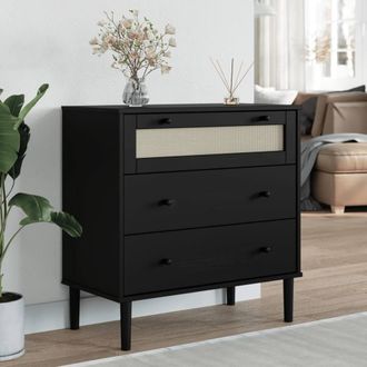 Berkfield Home Drawer Cabinet SENJA Rattan Look Black 80x40x80 cm Solid Wood Pine | Size: 80 x 40 x 80 cm