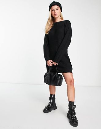 Jacqueline de Yong wide neck knit mini sweater dress in black