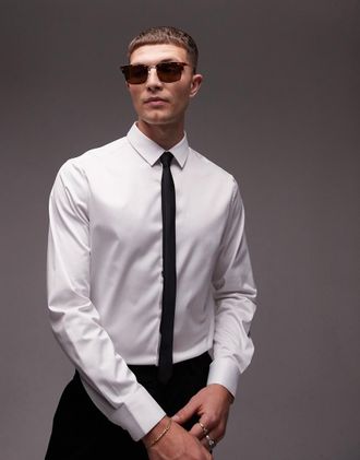 Topman Camicia elegante a maniche lunghe bianca slim in rasatello-Bianco