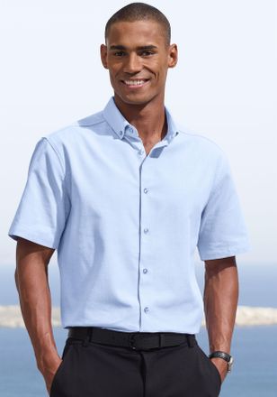 H.I.S Kurzarmhemd H.I.S Regular Fit, Herren, Gr. XXXL (47/48), N-Gr, blau (hellblau), Web, Obermaterial: 100% Baumwolle, unifarben, regular fit, Rundhals, a