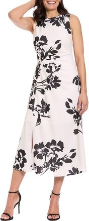 London Times Floral Pleat Waist Midi Dress in Cream/Black at Nordstrom Rack, Size 12P