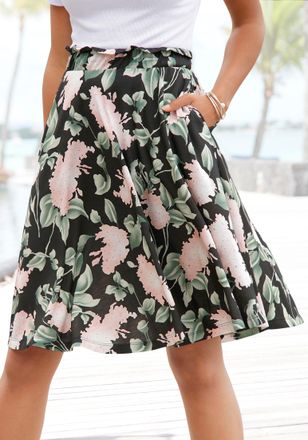 Buffalo Sommerrock BUFFALO, Damen, Gr. 34, bunt (schwarz, rosa, bedruckt), Jersey, Obermaterial: 100% Viskose, bedruckt, figurumspielend kniefrei, R&ouml;cke Somme