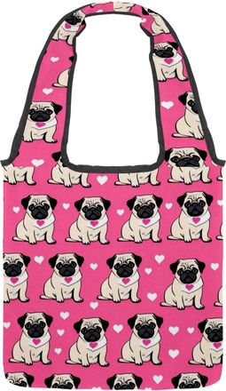 Generic Pug Dogs Reversible Canvas Shoulder Tote - Double-Sided Print, 12oz Cotton, 27cm Drop, Fold-Flat Bag for Travel, Shopping, Street Outings