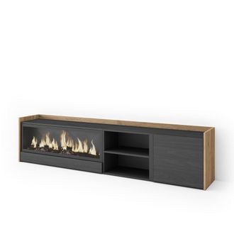 Skraut Home Skraut Home - Mueble Tv, Televisi&oacute;n, Muebles De Sal&oacute;n, Almacenaje, 212x35x50cm, Para Tv Hasta 80, Chimenea El&eacute;ctrica Xxl, Estilo Moderno, Negro Y Robl