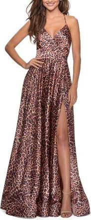 La Femme Leopard Print Strappy Slit Gown at Nordstrom, Size 0
