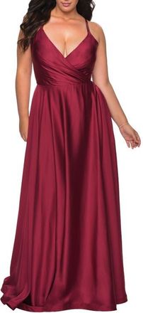 La Femme Satin A-line Plus Dress with Lace Up Back and Pockets in Wine at Nordstrom, Size 20W
