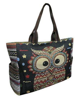 dv Very Large Woven Canvas Tote Hand Shoulder Shopping Elephant Owl Bag (Black & Owl)