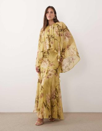 Asos Vestito lungo con maniche a mantella e godet verde a fiori