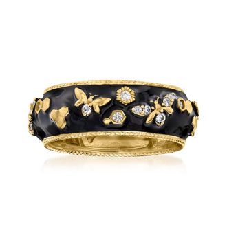 Ross-Simons White Topaz and Black Enamel Bumblebee Ring in 18kt Gold Over Sterling