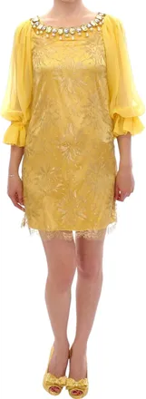 Dolce & Gabbana Womens Yellow Lace Crystal Mini Dress Metal