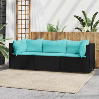vidaXL Set De Muebles De Jard&iacute;n 3 Pzas Y Cojines Rat&aacute;n Sint&eacute;tico Negro Vidaxl