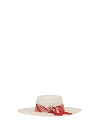 Ermanno Scervino Womens Wide-Brim Hat With Vichy Print Silk Scarf Banana Crepe-Biondo Straw E Hairbands Crepe/biondo