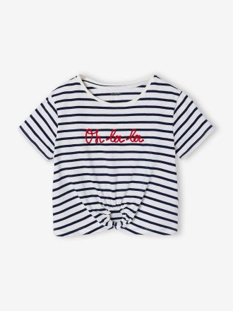 Vertbaudet T-Shirt M&auml;dchen mit Zierknoten am Saum blau gestreift
