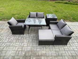 Fimous 6 Seater Wicker PE Rattan Garden Dining Set Outdoor Furniture Sofa with Rectangular Dining Table Double Seat Sofa Big Footstool Side Table