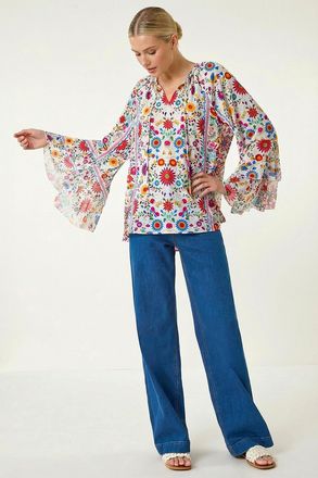 Roman Tie Front Floral Print Top