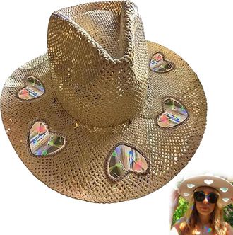 Generic Flairgifts Suncatcher Cowgirl Straw Prism Hat, Stylish Western Cowboy, Hand-Woven Sun Hat for Beach Travel, 2025 New Rainbow Star Moon Hollow Womens H