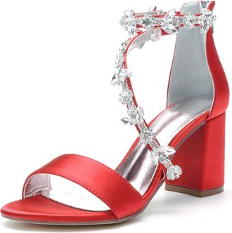 Generic Wedding Shoes Bridal Satin Block Heels Open Toe Chunky Heels Bridal Shoes Womens High Sandals 8Cm,red,10 UK
