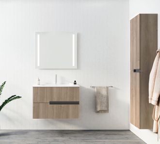Aurlane Mueble De Ba&ntilde;o 80 Cm Roble Oscuro - 2 Cajones Y Lavabo De Cer&aacute;mica Blanca