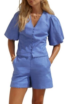 Mint Velvet Linen Puff Sleeve Top in Blue at Nordstrom, Size X-Small