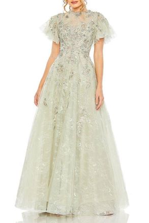 Mac Duggal Illusion Neck Beaded Lace Flutter Sleeve Ball Gown in Seafoam at Nordstrom, Size 14