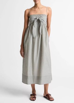 Vince Gingham Cotton-Silk Tie Smocked Dress In Off White/smoke