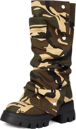 Generic Womens Round Toe PU Leather Mid-Calf Boots Pull on Wide-Calf Boot with Rivet Chunky Heel Platform Boots,Camouflage,3.5 UK