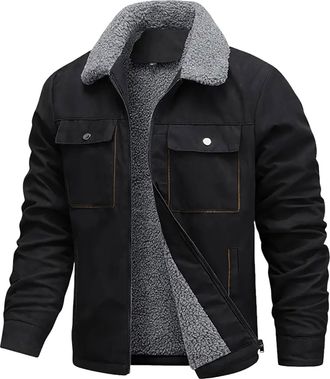 Generic Mens Cargo Fleece Jacket Vintage Plain Suede Bomber Jacket Men Full Zip Thermal Sherpa-Lined Suede Coat Outdoor Warm Comfy Sherpa Fleece Collar Winter