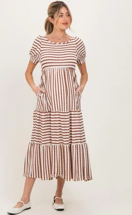 Pinkblush Striped Short Sleeve Tiered Maxi Dress in Camel at Nordstrom, Size Medium