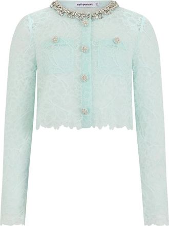 Self Portrait Lace Crystal Embellished Jacket - Dames - Vesten - Groen - XS - Katoen - Truien & Vesten