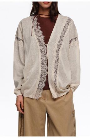 Bimba & Lola Long Cotton and Linen Cardigan With Lace Trim in Sand at Nordstrom, Size Xx-Small Eu