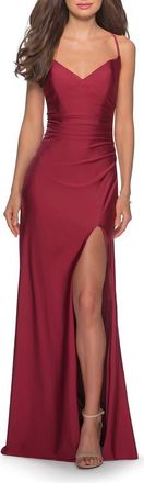 La Femme Long Homecoming Dress with Slit and Criss Cross Back in Burgundy at Nordstrom, Size 10