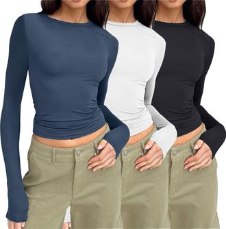 Generic 3PC Basic Long Sleeve Tops Women Y2k Basic Long Sleeve Top Slim Fitted Baby Tee Round Neck Dupe Crop Layering Slim Top Blouse Aesthetic Streetwear Lad