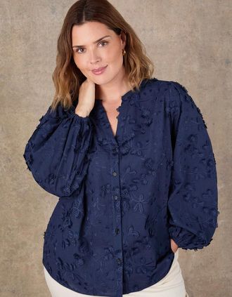 Live Unlimited London Womens Navy Floral Applique Puff Sleeve Blouse - Blue - Size: 26