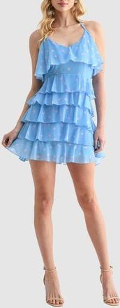 Lush Halter Neck Ruffle Minidress in Blue Pink Dot at Nordstrom Rack, Size Medium
