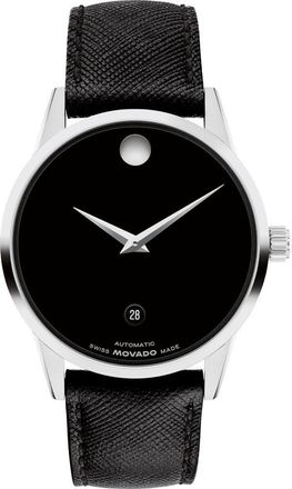 Movado Museum Classic Automatic Leather Strap Watch, 40mm in Black/Silver at Nordstrom