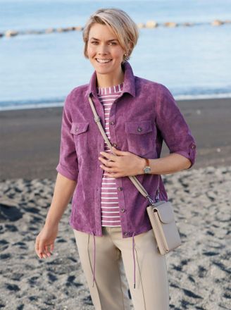 Casual Looks Hemdbluse CASUAL LOOKS, Damen, Gr. 36, lila (violett), 82% Polyester, 15% Polyamid, 3% Elasthan, unifarben, Blusen Hemdbluse