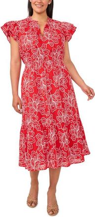 CeCe by Cynthia Steffe Floral Eyelet Lace Midi Dress in Classic Cherry at Nordstrom, Size 2X