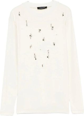 Fabiana Filippi Tops, Dames, Wit, S, Witte Applicatie Lange Mouw Ronde Hals T-shirt