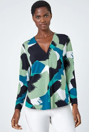 Roman Abstract Print Pleat Stretch Top