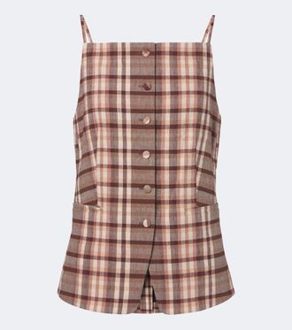 Staud Una plaid linen-blend top