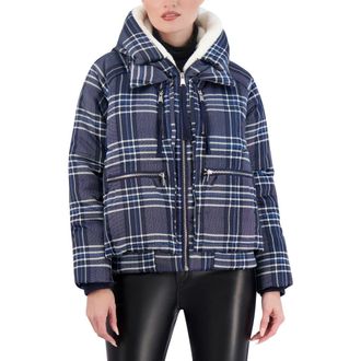 Ookie & Lala Plaid Faux Fur Lined Utility Crop Puffer Hooded Jacket in Navy Plaid at Nordstrom Rack, Size X-Large