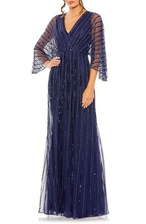 Mac Duggal Sequin Beaded Stripe Cape Sleeve V-Neck Gown in Navy at Nordstrom, Size 24