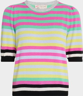 Maison Common Striped Puff-Sleeve Wool-Cashmere Crewneck Sweater