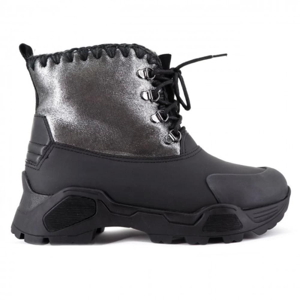 ミドルブーツ MOU Women Boots FW101000B CBKG Black Face Women's Heeled Boot Black Leather - İLVİ