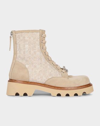 Roger Vivier Viv Rangers Cable-Knit & Suede Combat Boots