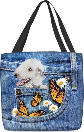 Generic Women Tote Bag Reusable Shoulder Bag Foldable Handbag Hobo Bag For Beach Shopping Travel Gym Picnic Bedlington Terrier Dog And Butterflies Daisies Jea