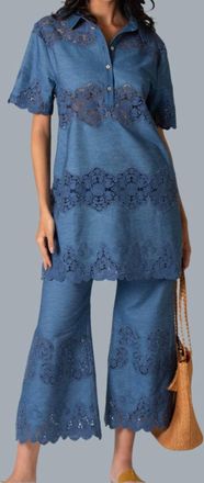 Miguelina Elle Embroidered Tunic Mini Dress In Indigo Denim